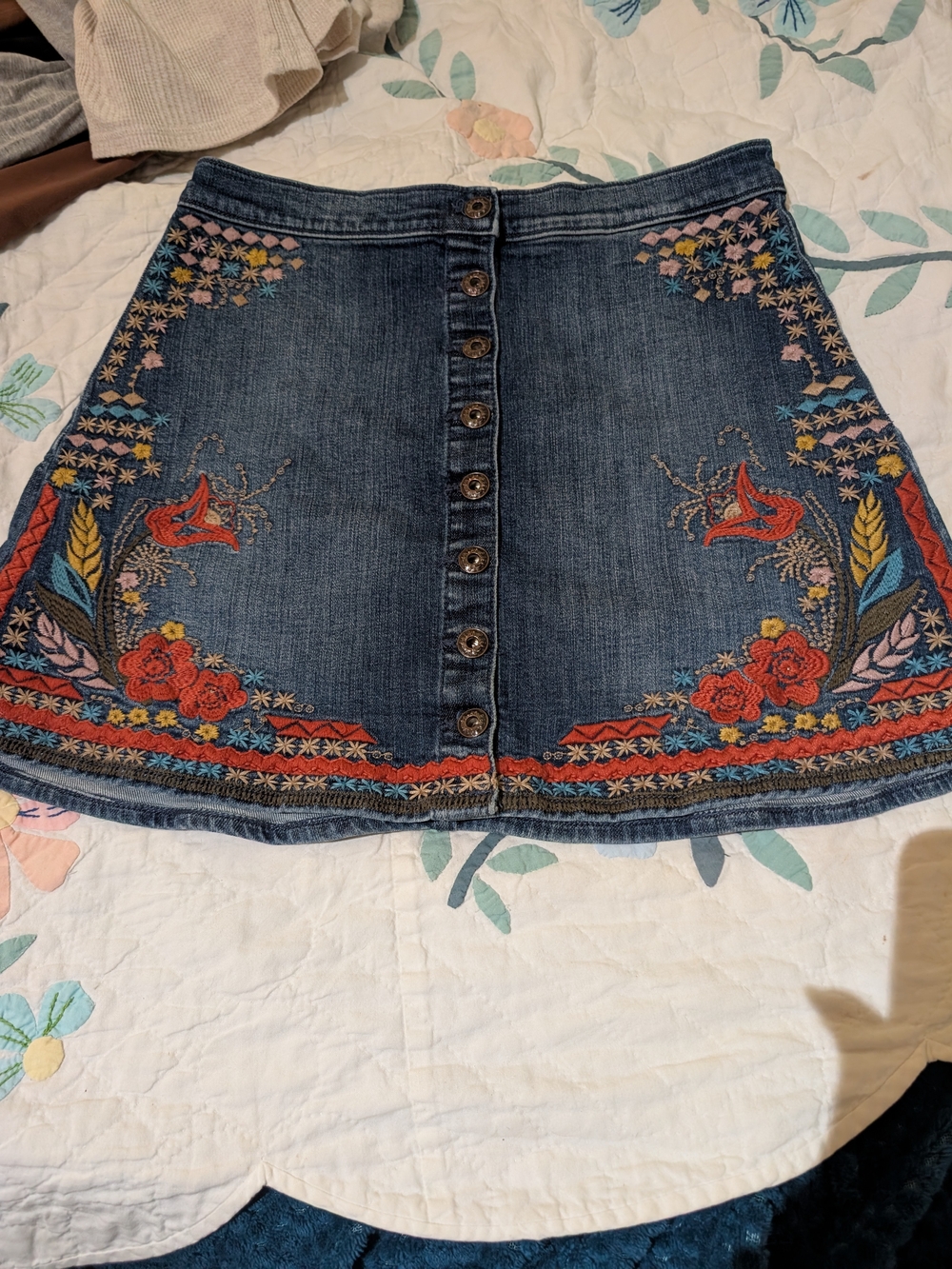 Sneak Peek Embroidered Denim Mini Skirt - Blue with Red & Yellow Accents